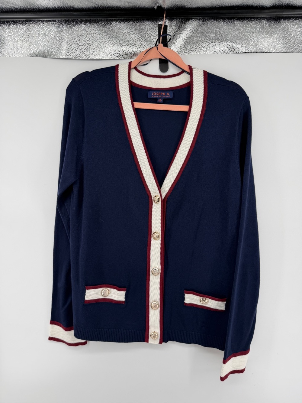 Joseph A Preppy Old Money Academic Nautical Navy Cardigan w/Burgundy Piping SzM